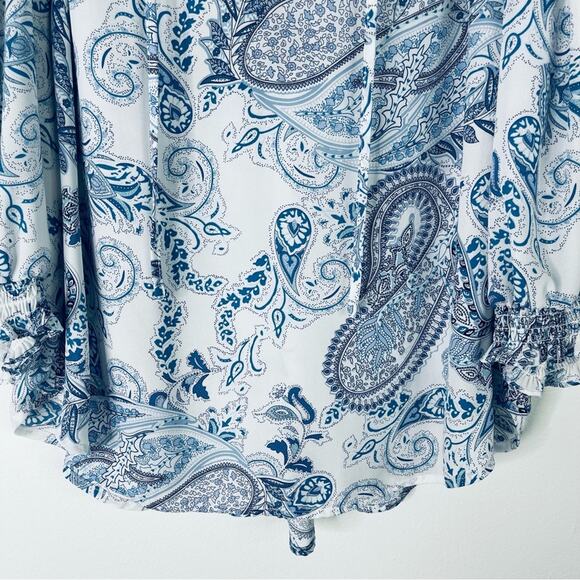 Cynthia Rowley blue white paisley lightweight semi sheer coastal preppy top 1X - Picture 3 of 7